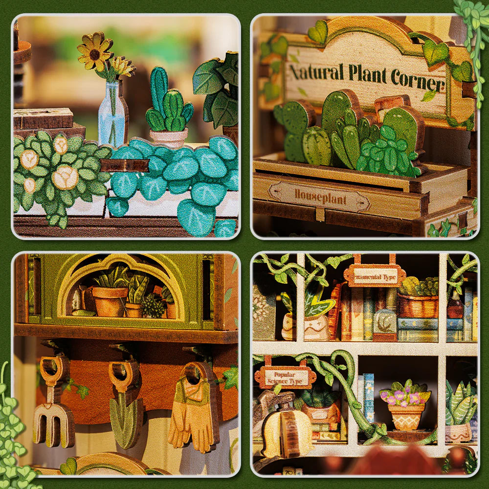 DIY Book Nook Kit assembly with miniature bookshelf, puzzles, and tiny library decor