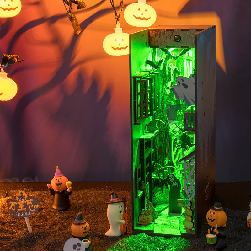 Elf Book Nook Halloween Alley 3D Kit with LED Pumpkins and Moving Ghost