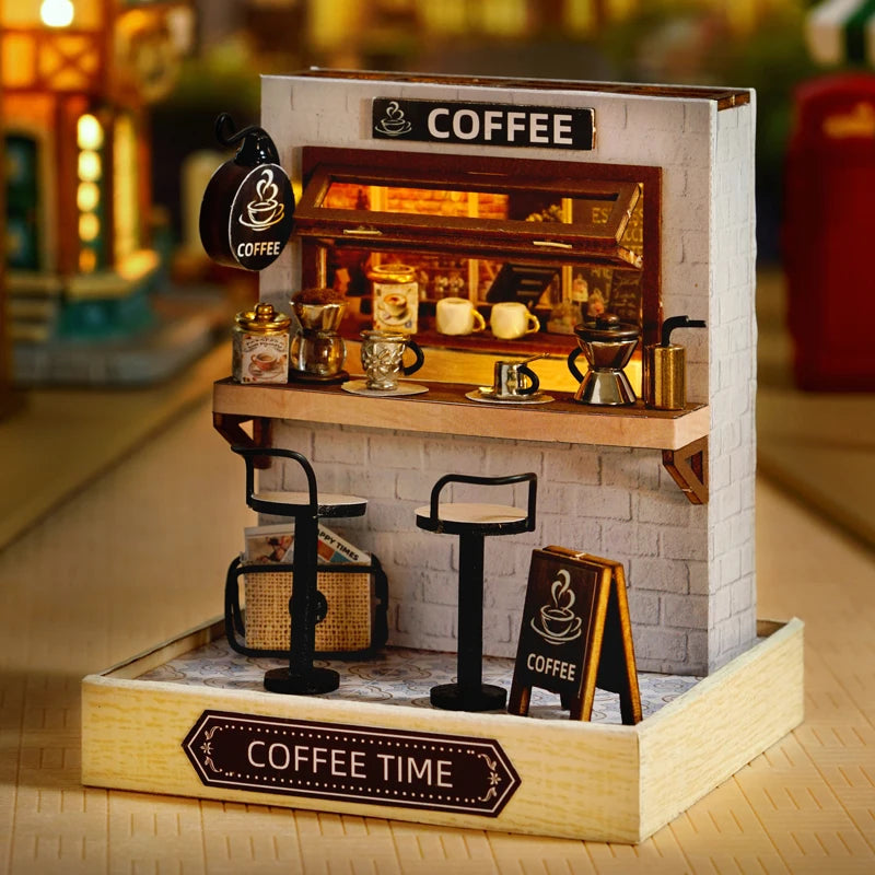 Elf Book Nook Coffee Counter 3D Kit with LED Espresso Machine and Rotating Barista